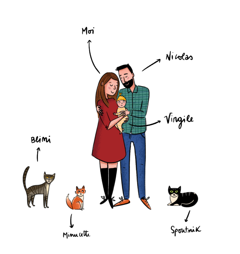 portrait dessiné de notre famille avec notre bébé et nos 3 chats